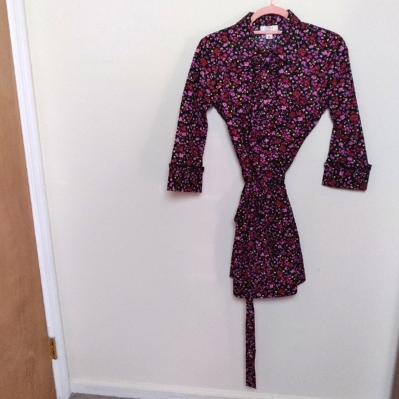 LOFT Dresses & Skirts - LOFT Black and Pink Floral Cotton Midi Shirt Dress Size 6 Petite